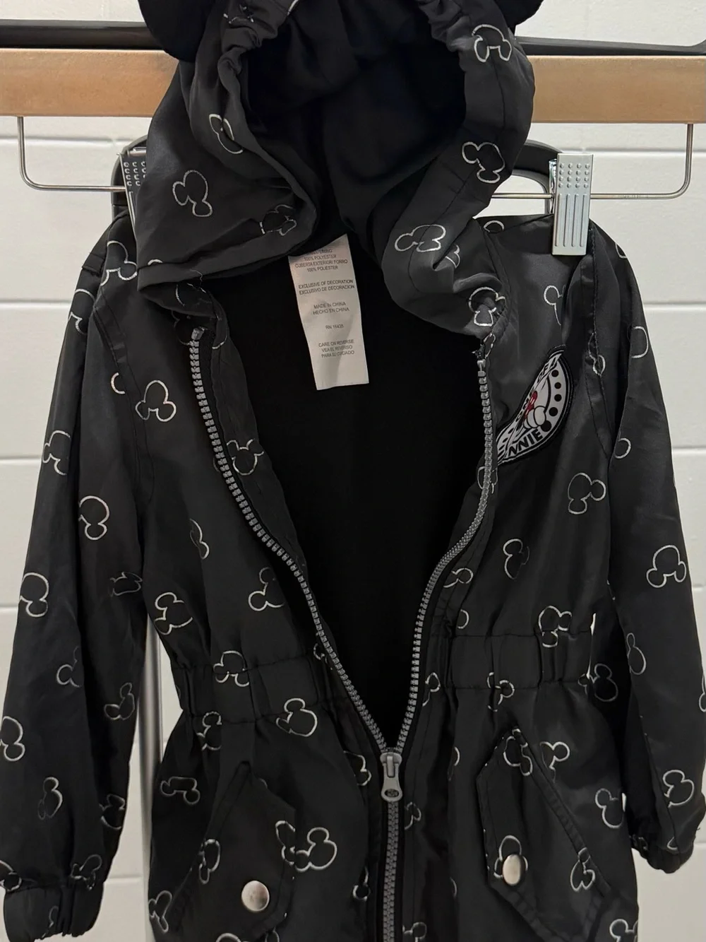 Disney Black Hooded Raincoat with White Outline Mickey Print